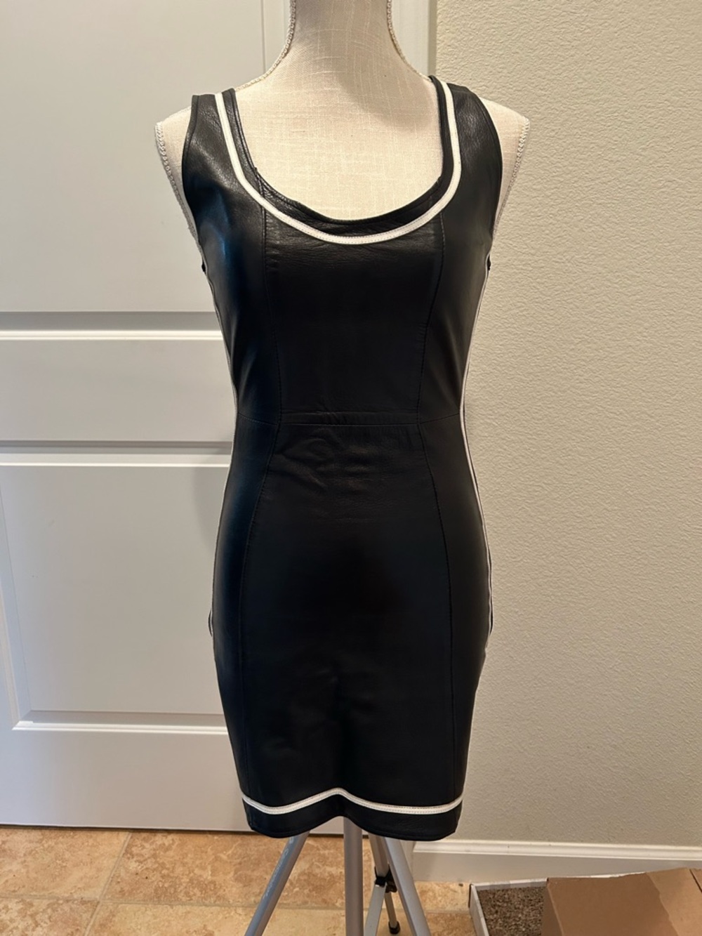 Black Sleeveless Mini Dress with White Trim